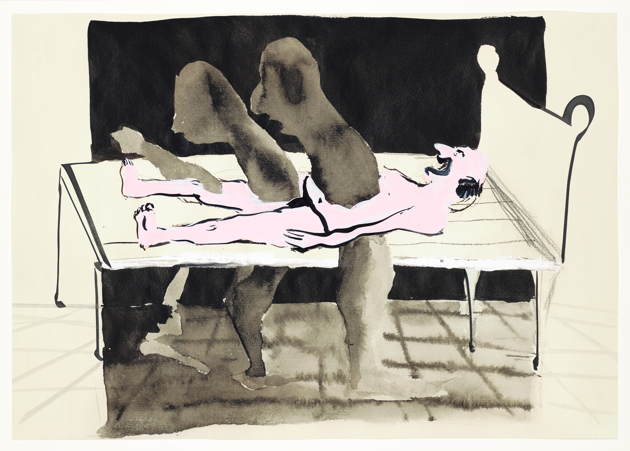 An illustration depicting a stylized figure in pink lying on a white table with a shadowy figure seated behind it, set against a neutral background. The scene conveys a sense of stillness and abstraction, with the figures rendered in a loose, expressive style.