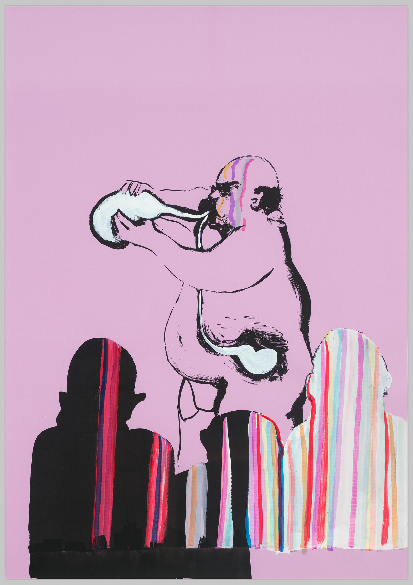 A vibrant artwork featuring a stylized, bald figure playing a trumpet against a pink background. The figure's skin is depicted in shades of pink and white with abstract black lines, and a colorful, dripping detail runs down the side of the face. In the foreground, there are silhouettes of three people with colorful, striped patterns overlaying them, contrasting with the solid pink backdrop.