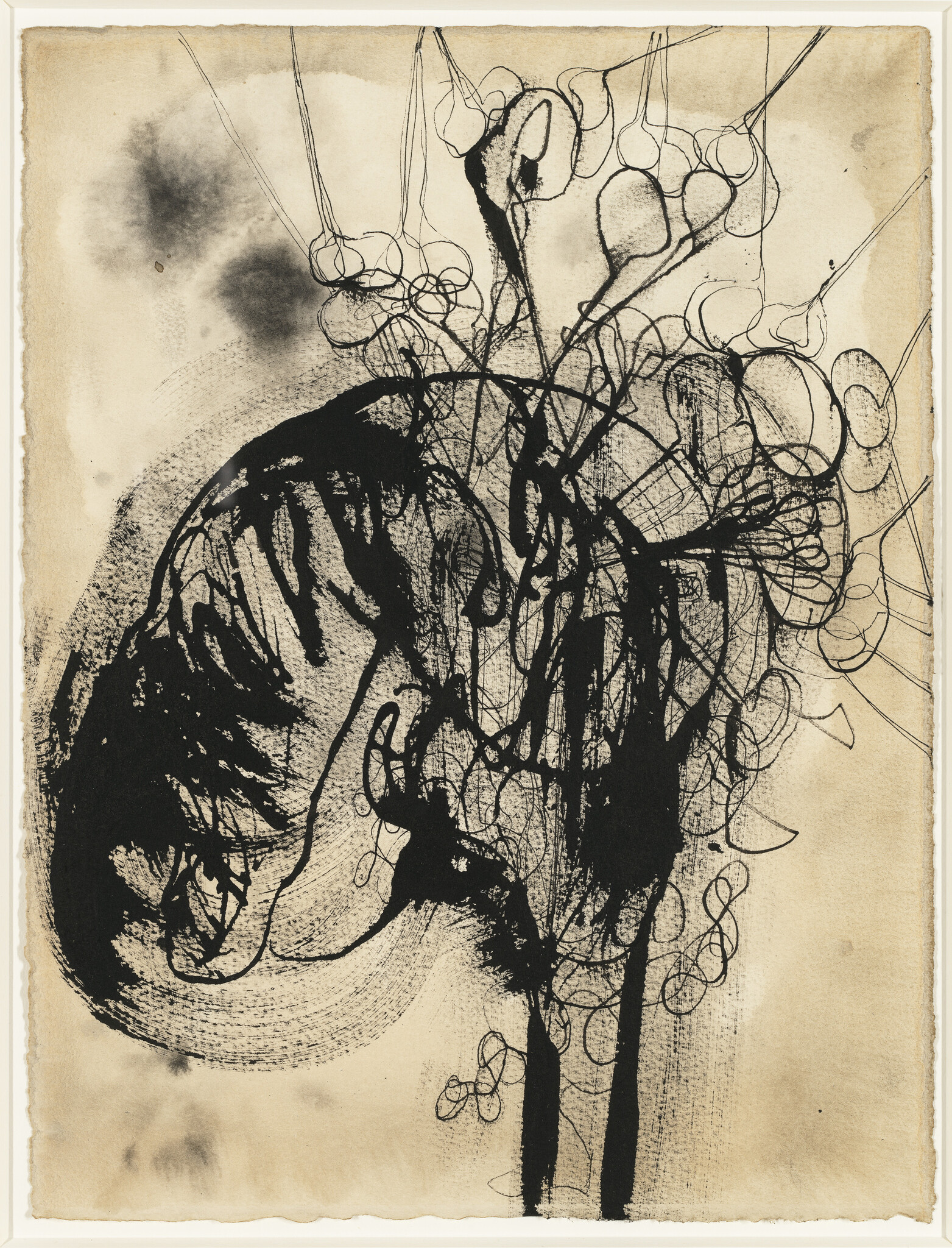 An abstract black ink drawing on a beige paper featuring chaotic lines and shapes that create a sense of movement and depth. Some areas are densely filled with dark ink, while others show lighter, more delicate loops and swirls. The artwork has a raw, expressive quality, and the edges of the paper appear slightly irregular.