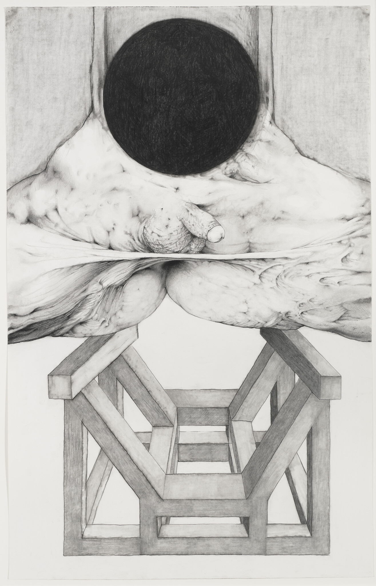 A charcoal drawing of a nude torso with a black circular head sitting on a wooden stool.
