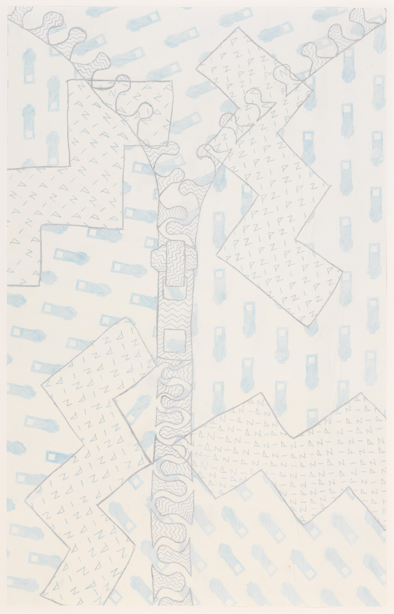 Large zigzag shapes with patterned scribbles and a vertical decorative column cross a pale blue patterned background.