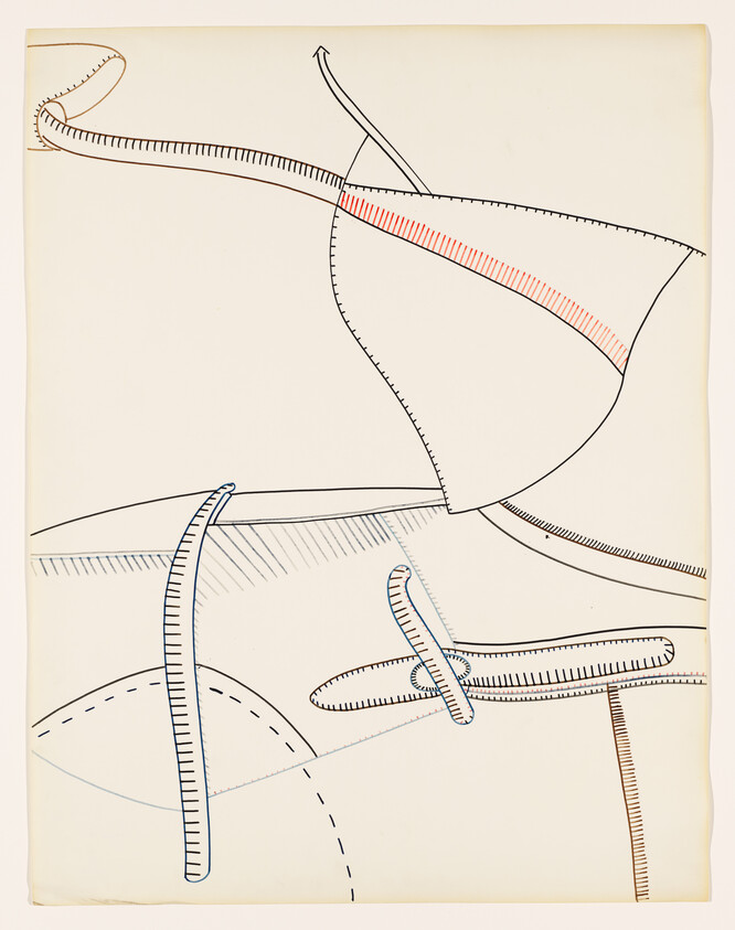 Curved stitched fabric shapes and tubular bands with red hatched detail on a cream background.