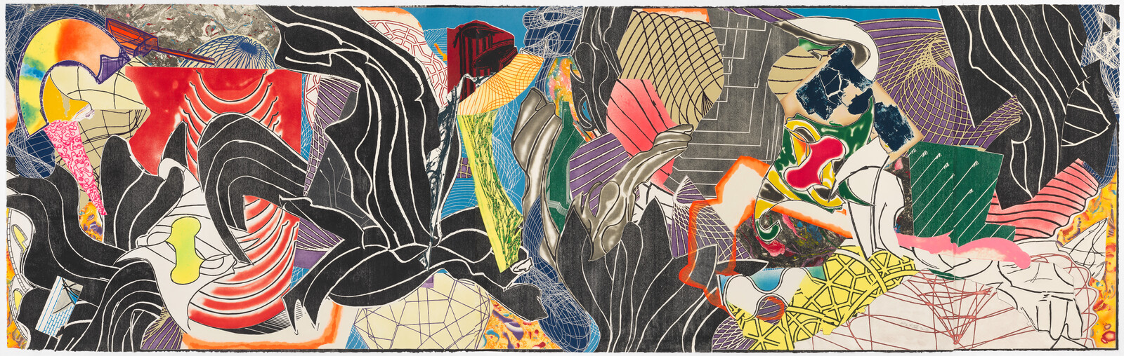 Abstract collage of colorful geometric shapes and bold black organic forms across a wide panel.