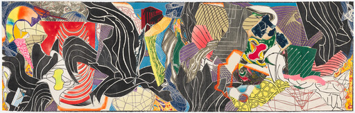 Abstract collage of colorful geometric shapes and bold black organic forms across a wide panel.