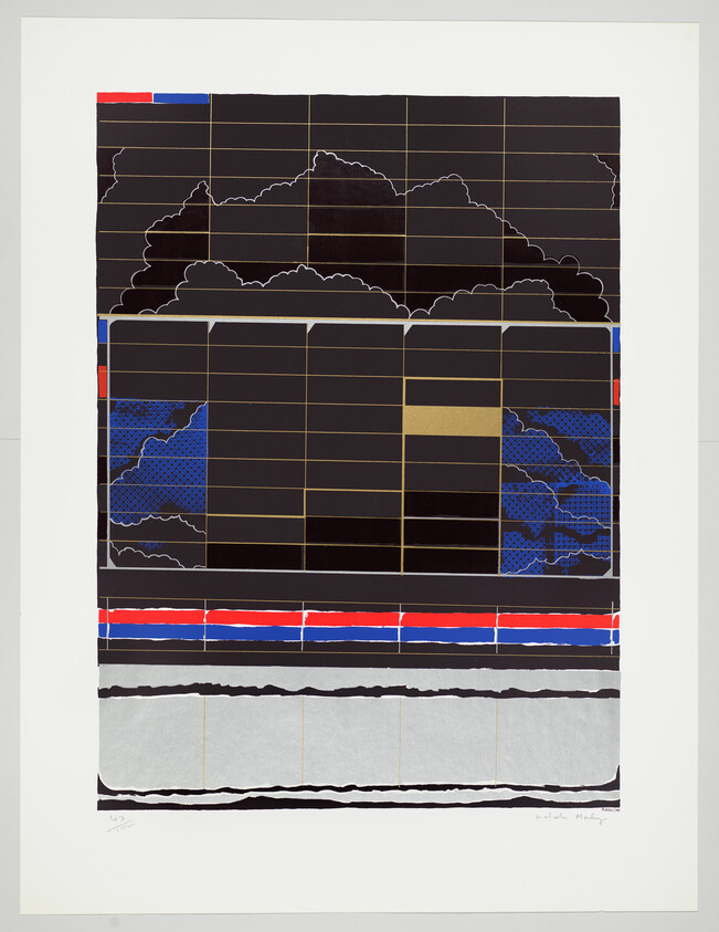 A graphic print featuring a stylized landscape with geometric shapes and lines. The upper section depicts cloud-like outlines against a dark background with a grid pattern. Below, there are horizontal bands of color and texture, including blue with a dot pattern, red, and grey, separated by thin lines. The print includes a signature at the bottom right corner.