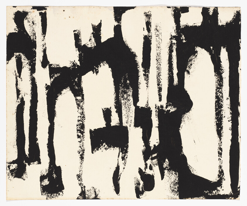 Bold black brushstrokes form vertical, arch-like shapes across an off-white background.