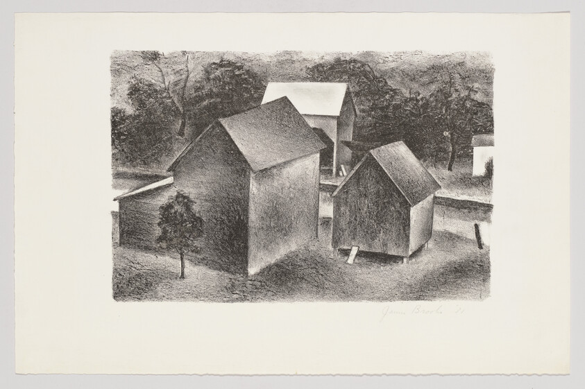 Three wooden barns sit on a grassy slope with trees and a dirt path.