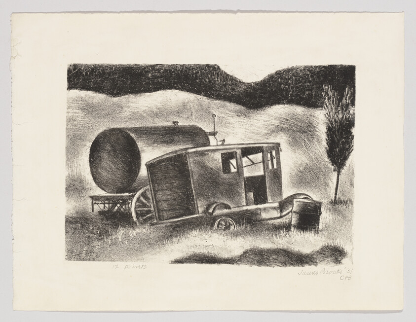 A charcoal drawing of an old truck and tanker parked in a grassy, hilly landscape.