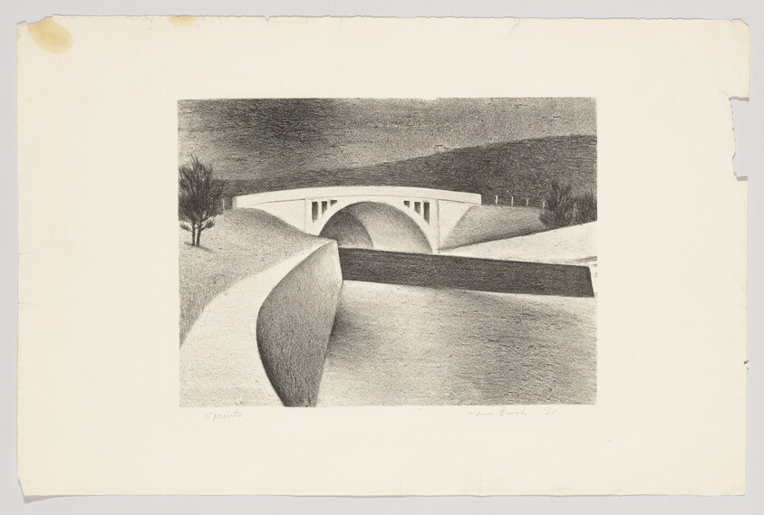 A quiet stone bridge arches over a canal flanked by curved concrete retaining walls and trees.