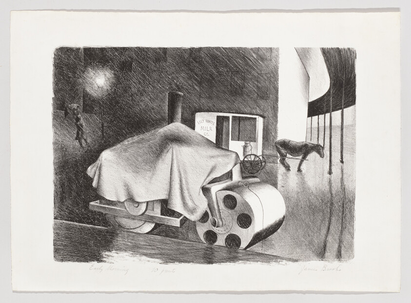 A black and white etching depicting an early morning street scene with a milk delivery truck labeled "LILY WHITE MILK CO." partially covered by a tarp. The truck is parked under a streetlight that casts a glow on the wet pavement. A horse is visible in the background, standing beside a cart under a large, dark archway. The artwork is signed "James Bourlet" and titled "Early Morning."