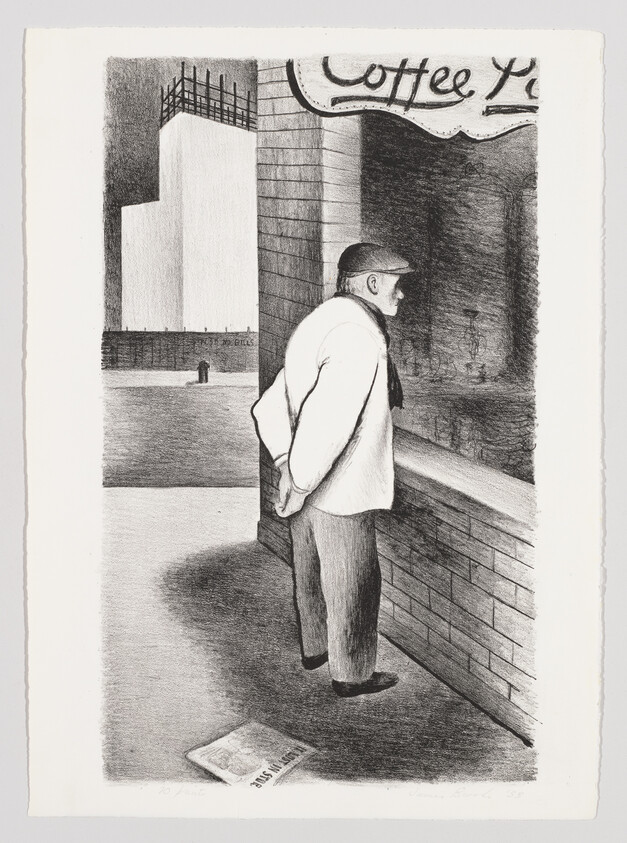 An older man stands on a sidewalk looking into a café window with his hands behind his back.