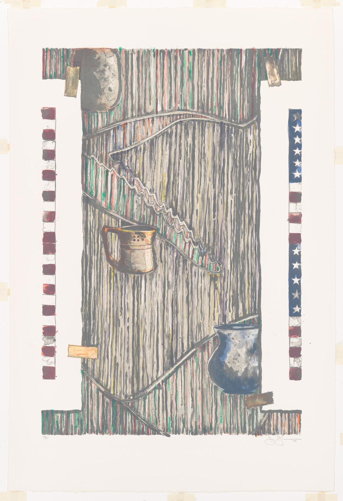 Rustic illustration of hanging metal pitchers and jugs on a striped wooden panel with flag borders.