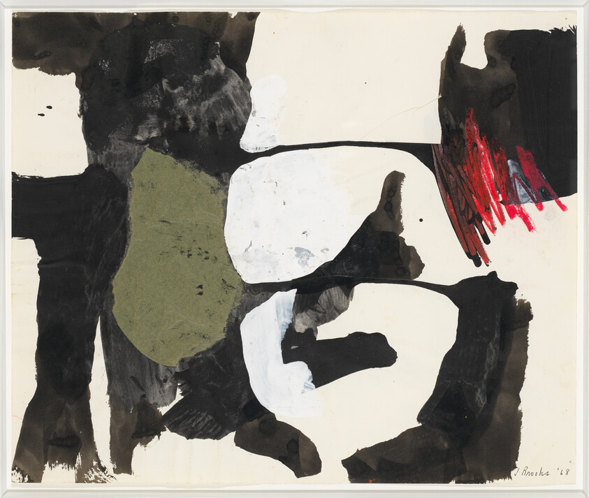 Abstract composition of bold black and white shapes with an olive green patch and red scribbles.