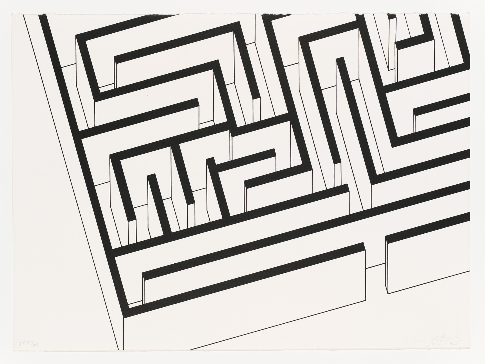 Black and white drawing of a simple maze with thick walls and sharp corners, viewed from above.