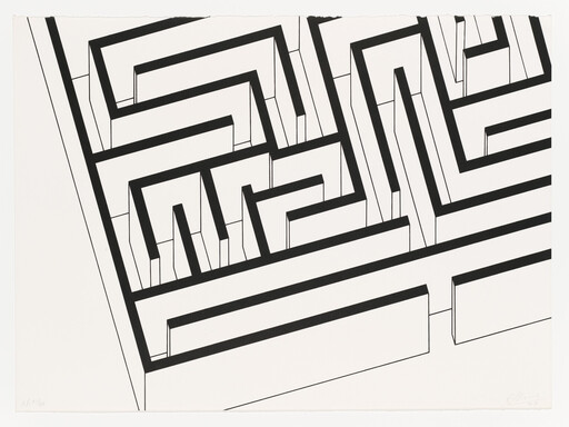Black-and-white geometric maze of three-dimensional rectangular walls viewed from an angled top perspective.