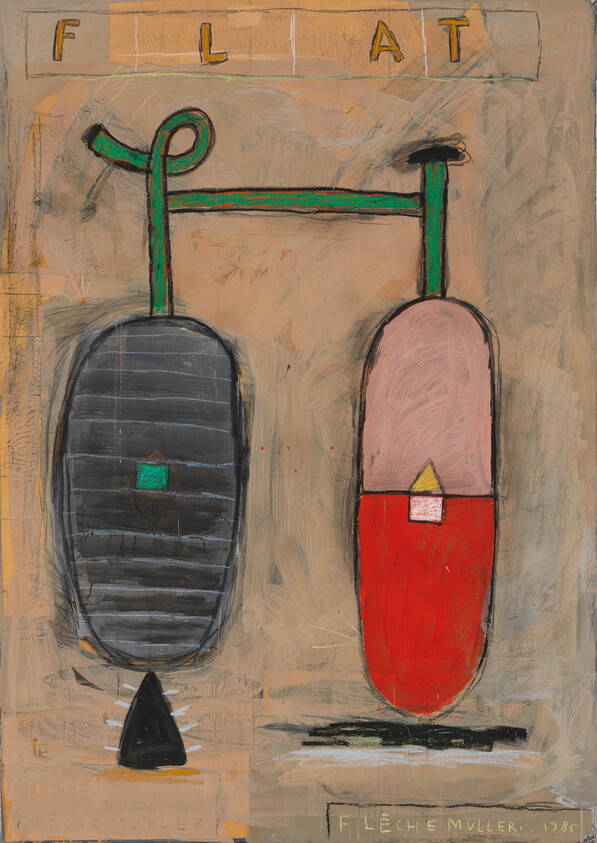 Two large hanging abstract shapes connected by a green bar against a beige background, titled "FLAT."