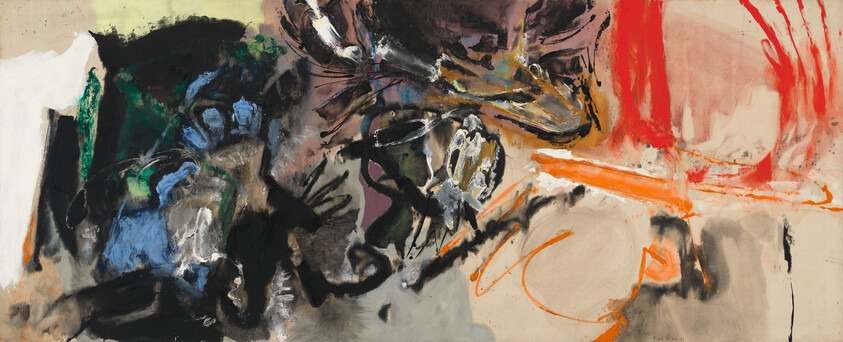 Large abstract painting with bold black and blue forms and energetic orange and red brushstrokes across canvas.