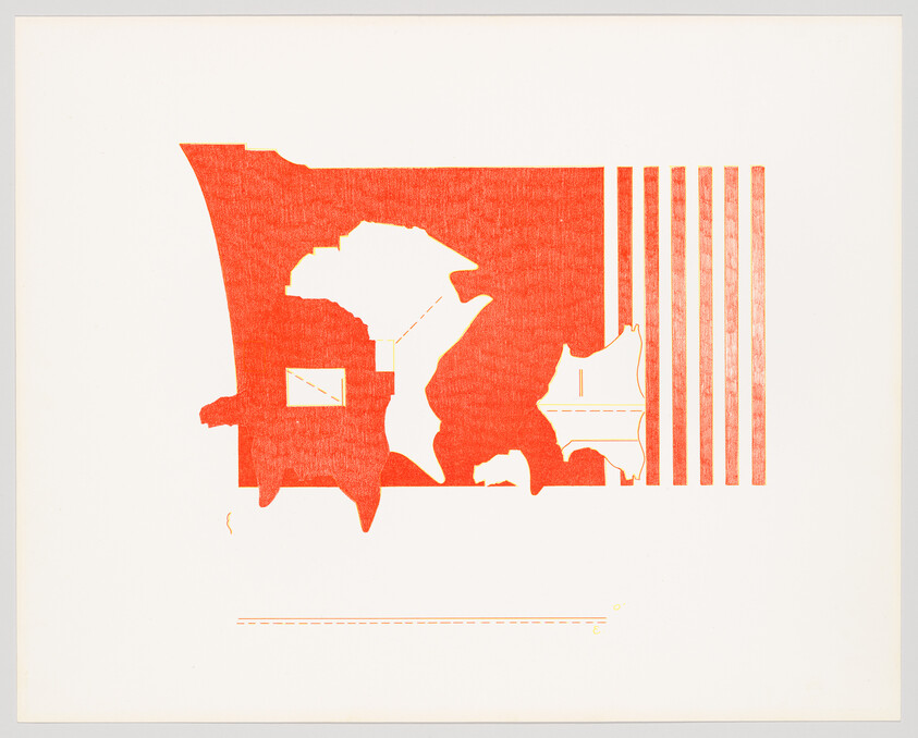 Abstract orange map-like shapes and vertical stripes centered on a white background.