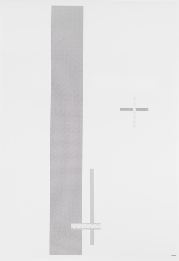 A minimalist graphic artwork featuring three different sized plus signs composed of small dots, arranged vertically on a white background. The largest plus sign is on the left, a medium one in the center, and the smallest on the right.