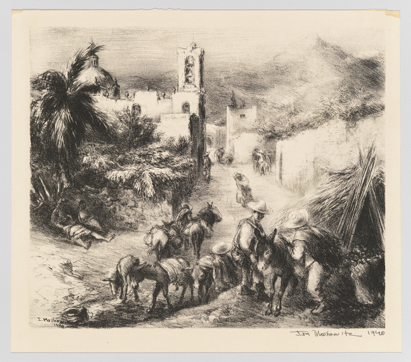 A black and white sketch depicting a rustic scene with a group of donkeys led by figures in wide-brimmed hats near a palm tree. In the background, there's a building with a bell tower and a mountainous landscape. The artwork is signed and dated in the lower right corner.