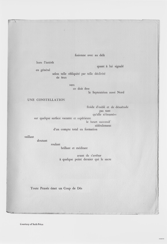 A photograph of a page with scattered French text, creating a visual poetry layout. The text is unevenly distributed across the page with varying spacing and alignment, and the phrase "UNE CONSTELLATION" is prominently centered. The page appears aged with slightly curled edges, and there's a credit line at the bottom stating "Courtesy of Seth Price."