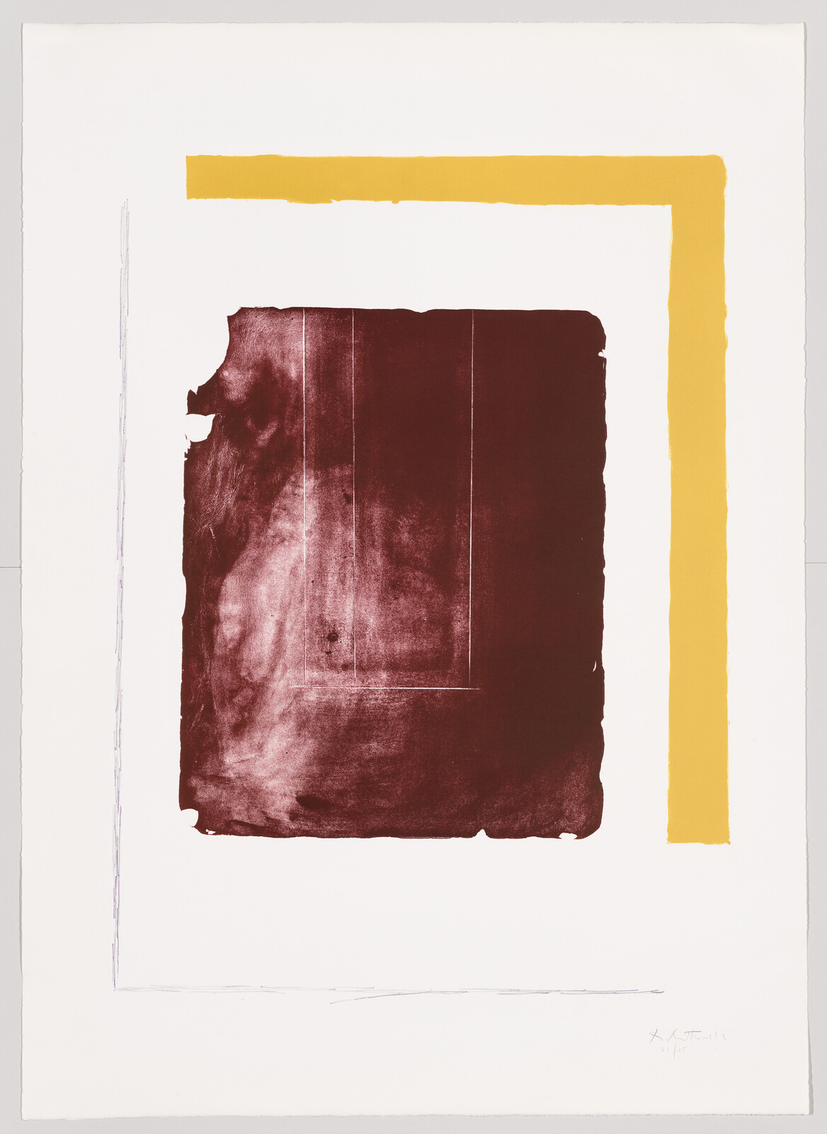 A large maroon rectangular block with textured marks framed by a yellow L-shaped border.