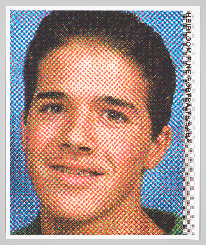 A young person with short dark hair and braces smiles slightly against a blue background. The image has a halftone effect.