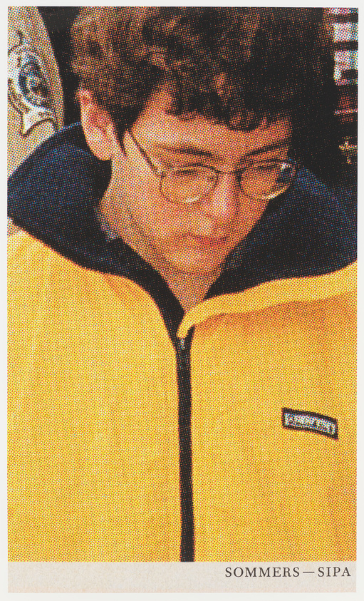 A young person with glasses is looking downward, wearing a bright yellow jacket with a black zipper and a logo on the left chest. The image has a halftone dot pattern, giving it a printed, retro appearance, and there's text at the bottom that reads "SOMMERS — SIPA."