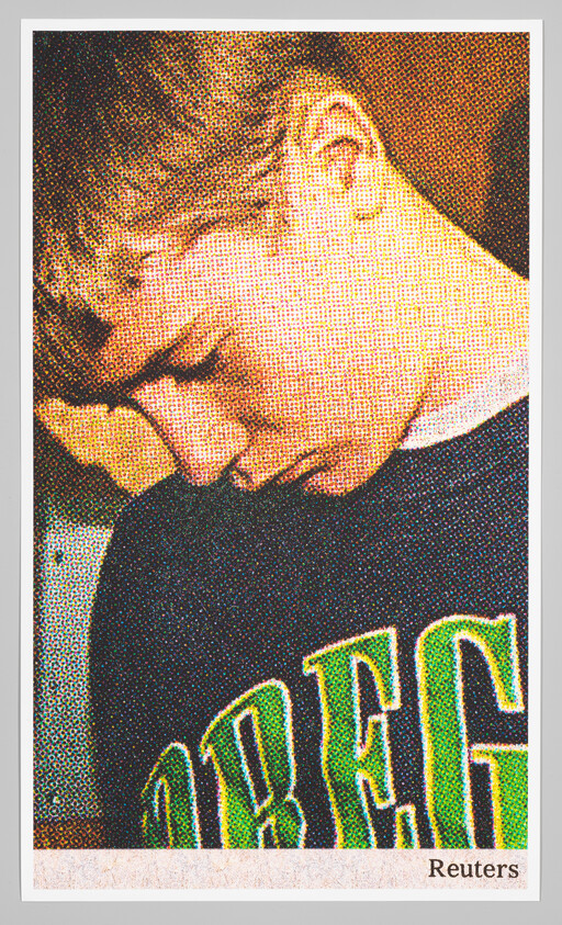 Young person with short hair looking down, wearing a shirt with "OREG" visible. Image has a halftone effect.
