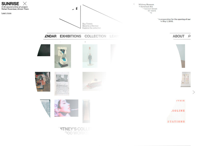 Website gallery page showing small artwork thumbnails inside a large faded circular spotlight.