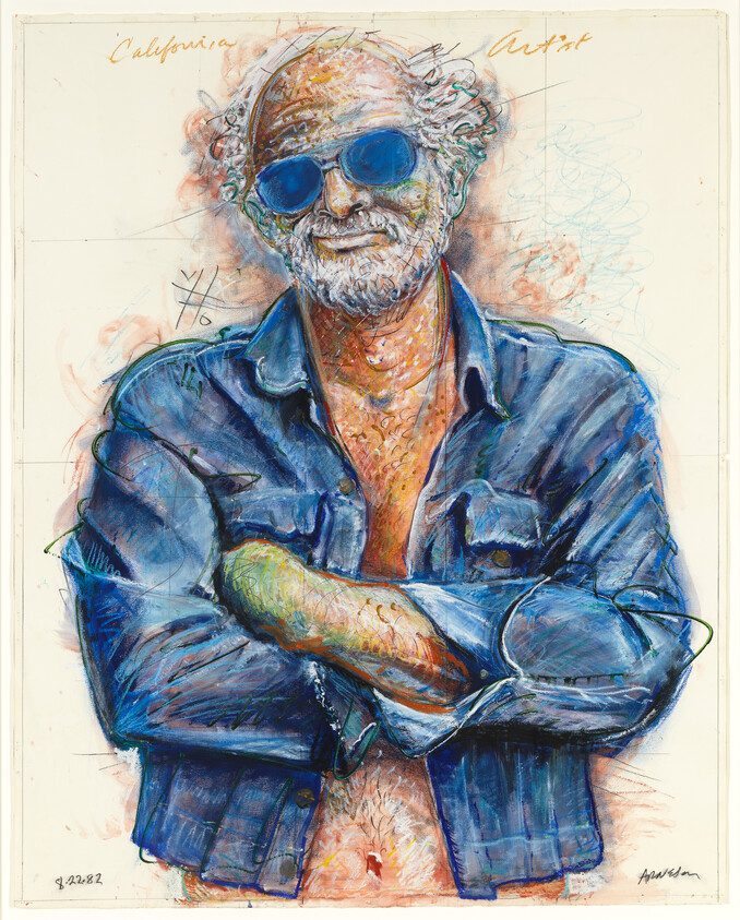 An older man with white hair and beard wears blue sunglasses and a denim jacket, arms crossed.