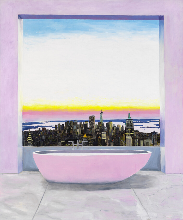 A painting of a pink bathtub overlooking a city skyline at sunset, framed by a large window in a lavender room.
