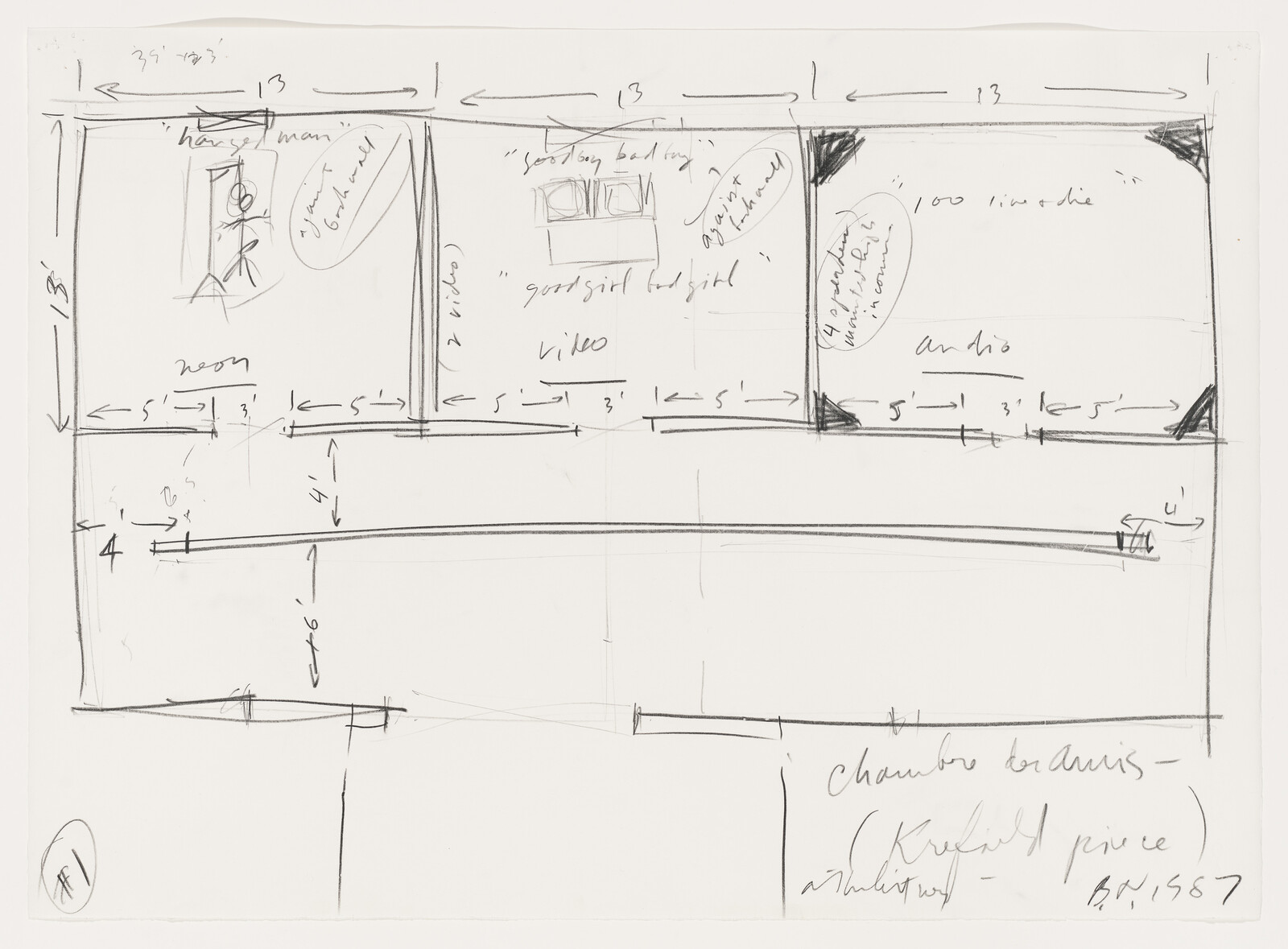 Hand-drawn architectural sketch showing three adjacent rooms with measurements and handwritten notes.