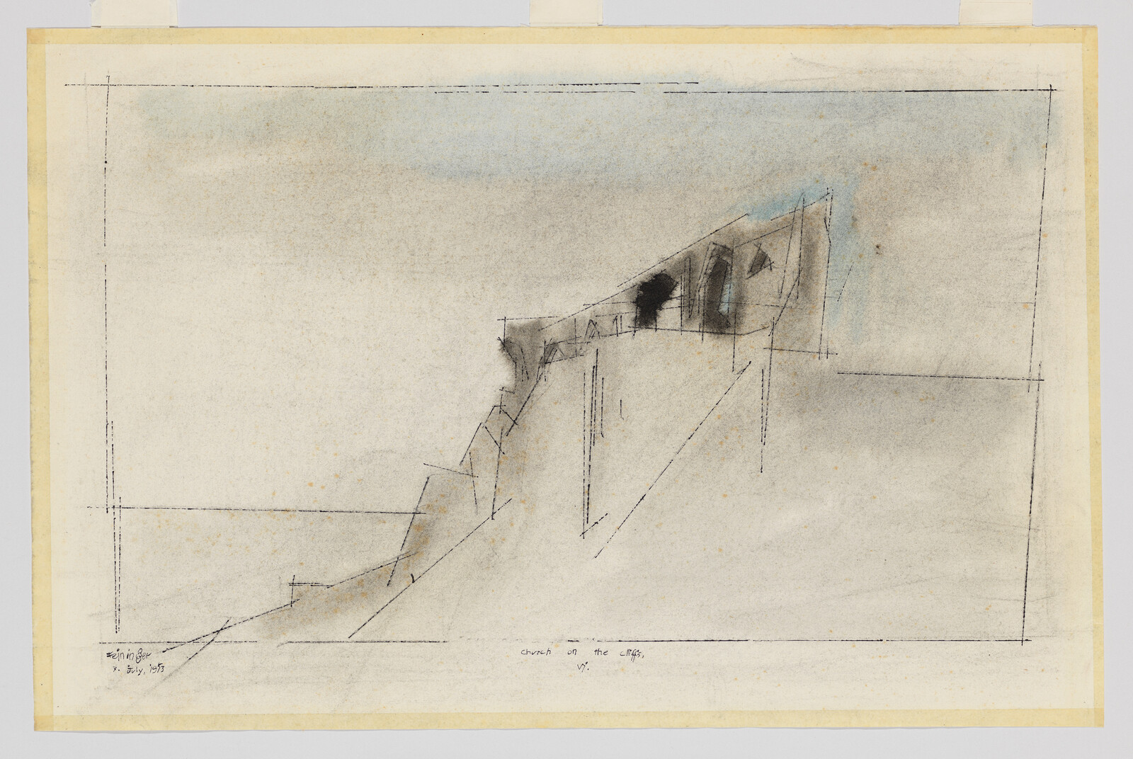 Sketch of a church perched on a steep cliff with faint structural lines.