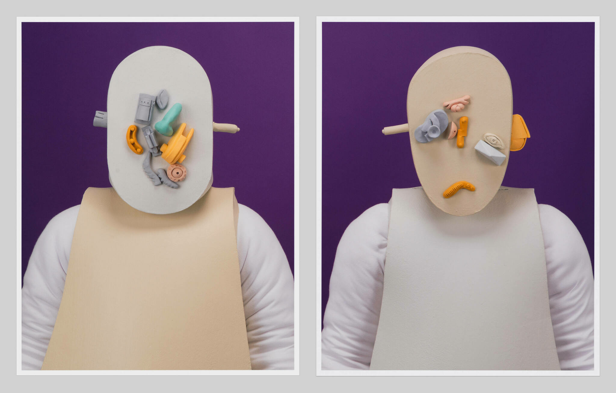 A diptych of two images featuring a stylized representation of a human figure with a beige oval face and no discernible features. The figure is wearing a white top with a beige apron against a purple background. In both images, the face is adorned with various objects such as a telephone, scissors, and rolls of tape, which are humorously arranged to suggest facial features like eyes, a nose, and a mouth. The objects are differently arranged in each image to create unique expressions.