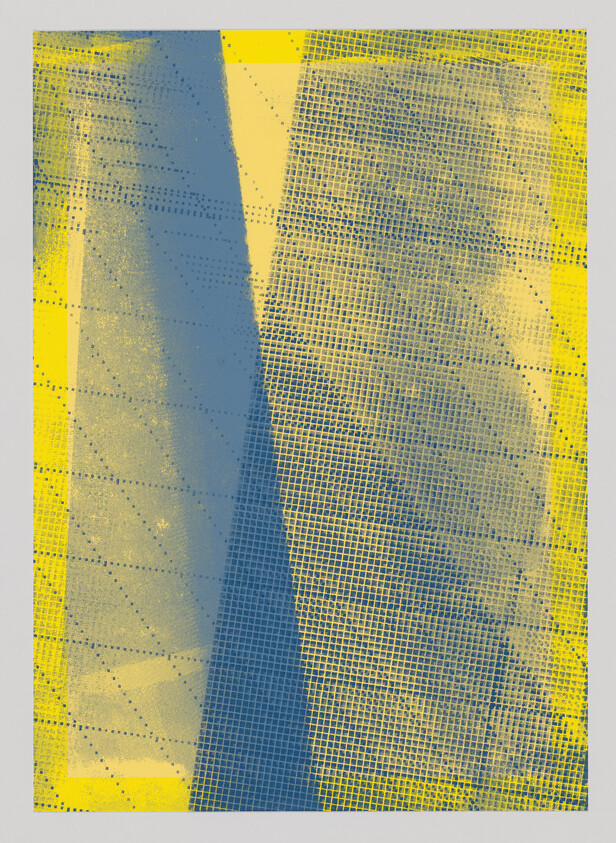 Overlapping blue and yellow mesh patterns form curved vertical bands with grid and dotted textures.