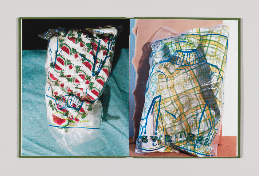 Two folded sweaters in clear plastic packaging, one watermelon print and one plaid labeled 'sweaters'.