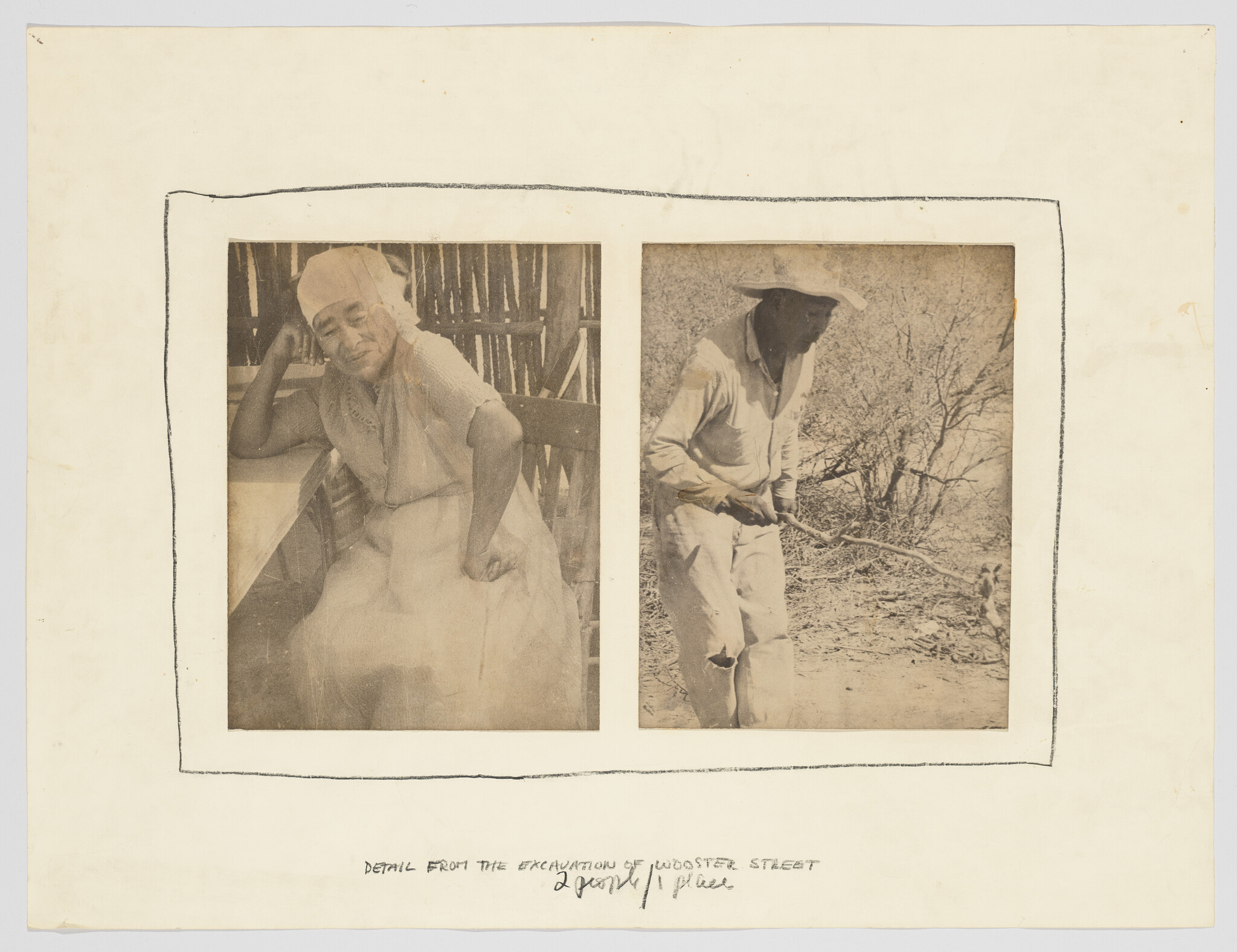 Two vintage black and white photographs mounted on a discolored paper with handwritten text at the bottom. The left photo shows a person leaning on a chair, resting their head on their hand, with a faint smile. The right photo depicts another person outdoors, wearing a wide-brimmed hat and long-sleeve shirt, holding a stick or tool, with shrubbery in the background. Handwritten text below reads "DETAIL FROM THE EXCAVATION OF WOOSTER STREET 2nd PANEL 1 PL."