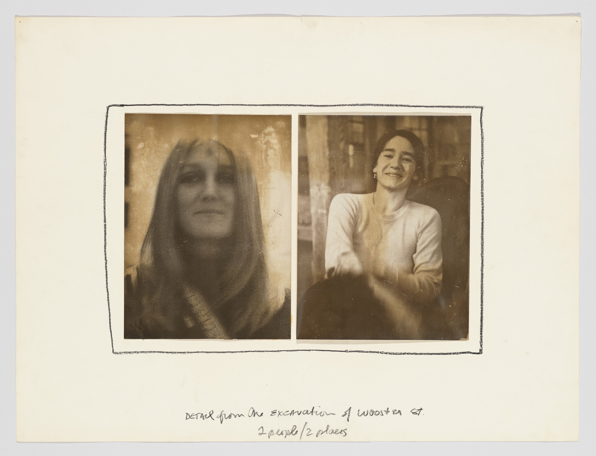 Two sepia portrait photos of smiling women side-by-side mounted on paper with handwritten note.