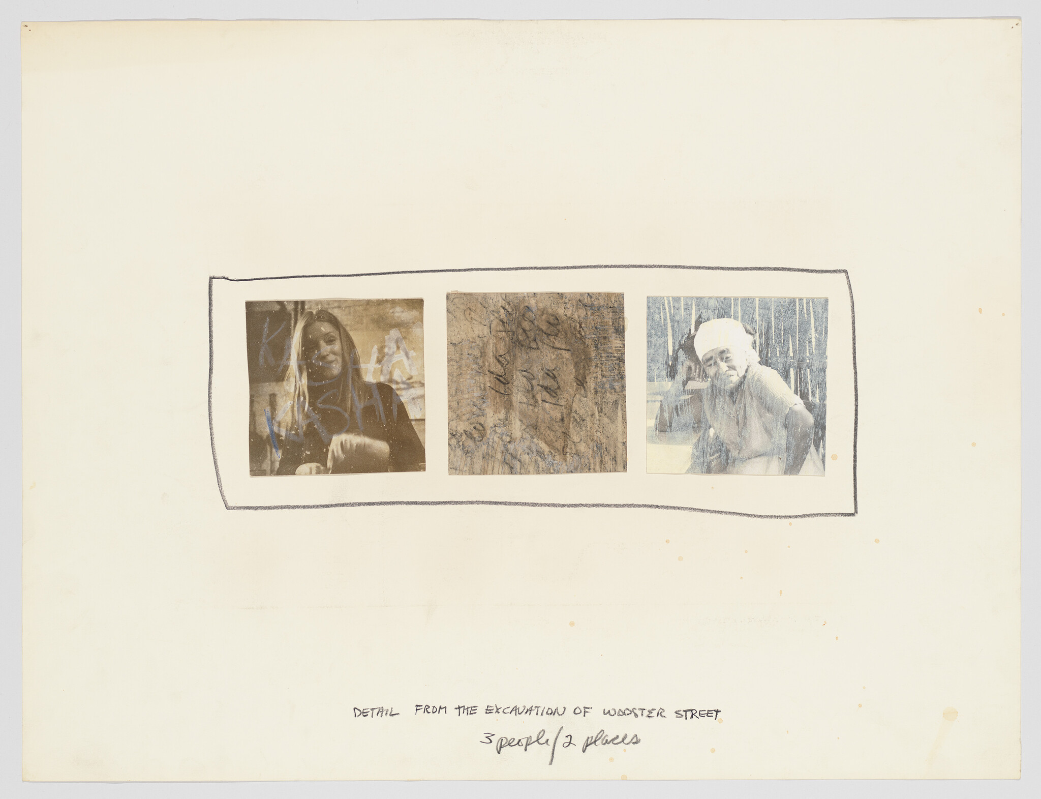 Three small panels show a smiling young woman, a textured center panel, and an older person resting.