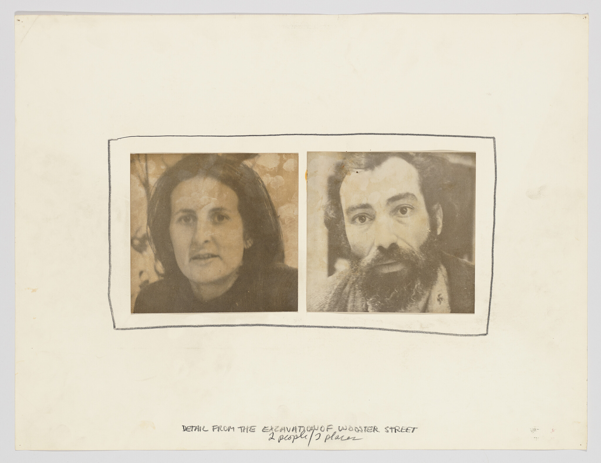 Two sepia portrait photos of a woman and a bearded man mounted on a sheet of paper.