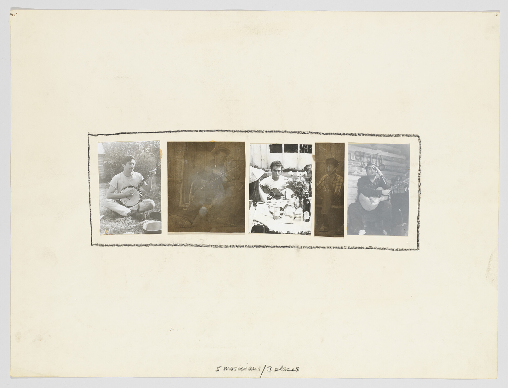 Five small vintage photographs show men playing instruments arranged in a horizontal strip on paper.