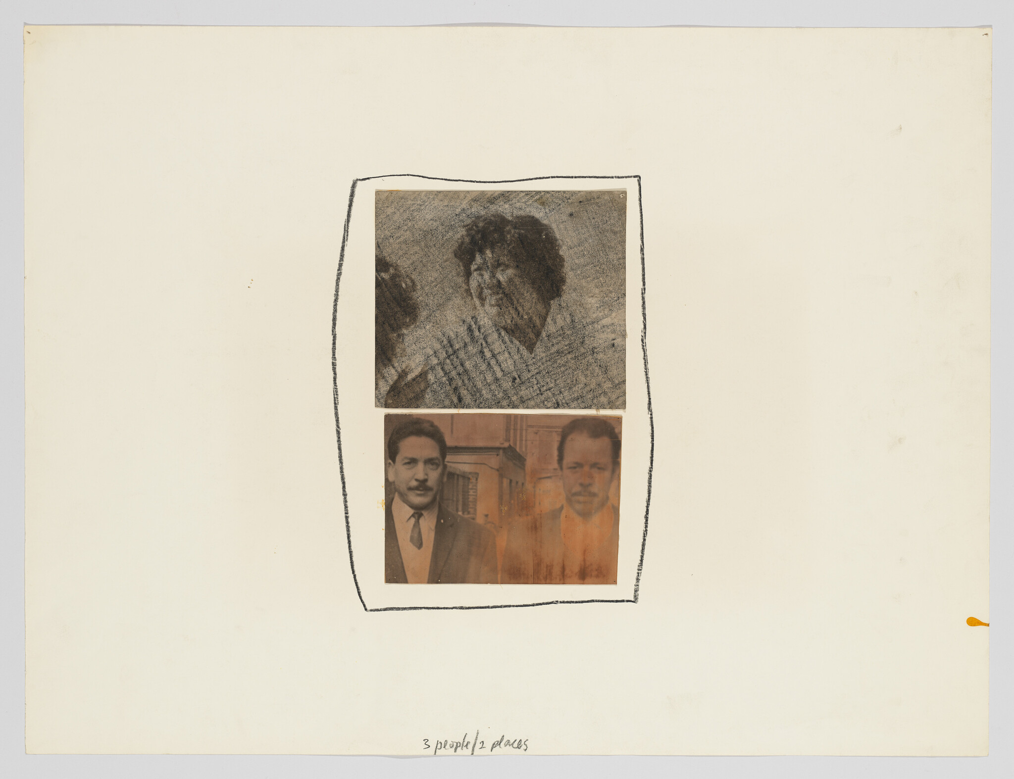 Three faded portrait photographs are mounted vertically inside a hand-drawn black border on blank paper.