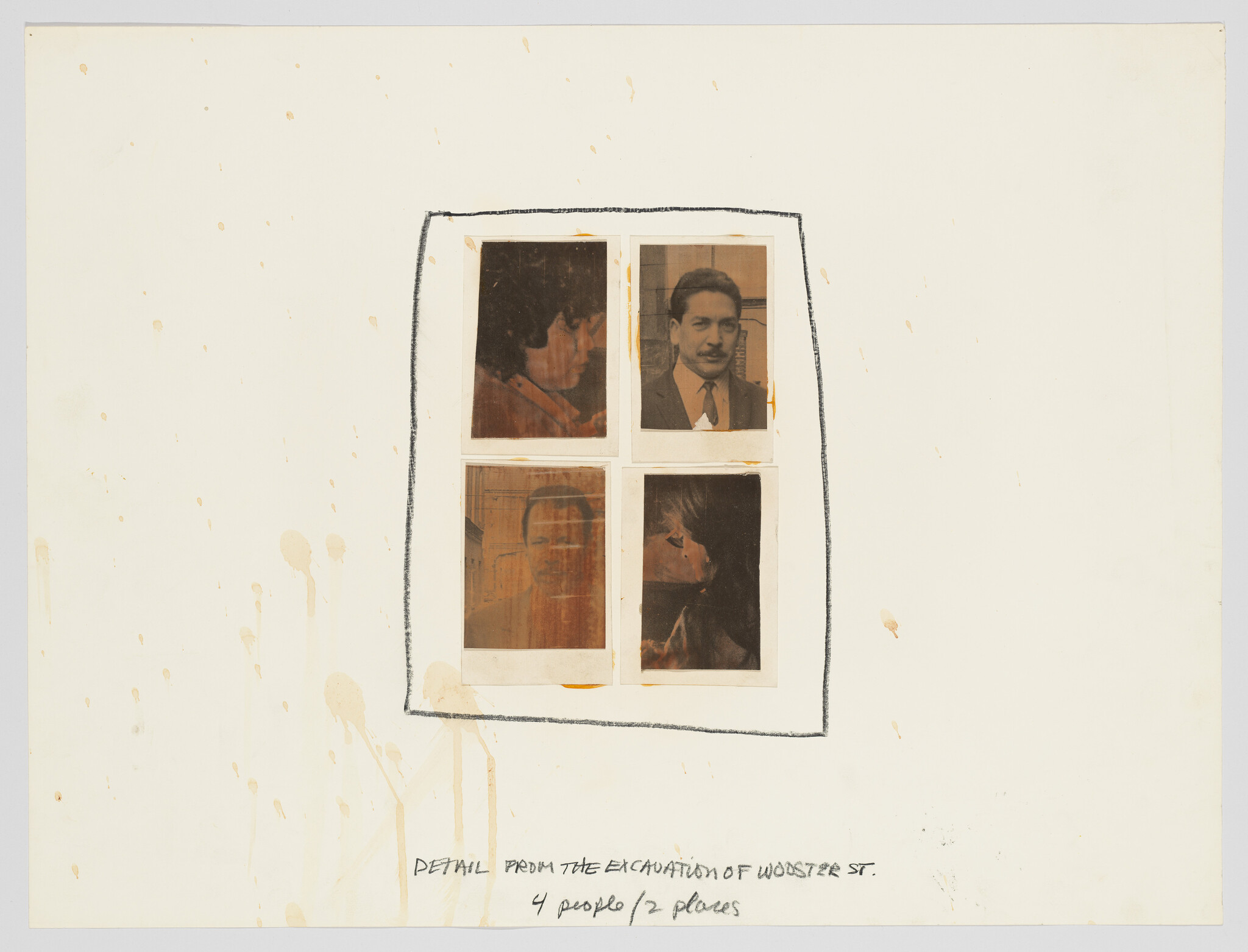 Four faded portrait photographs arranged in a window-like grid on a white sheet.