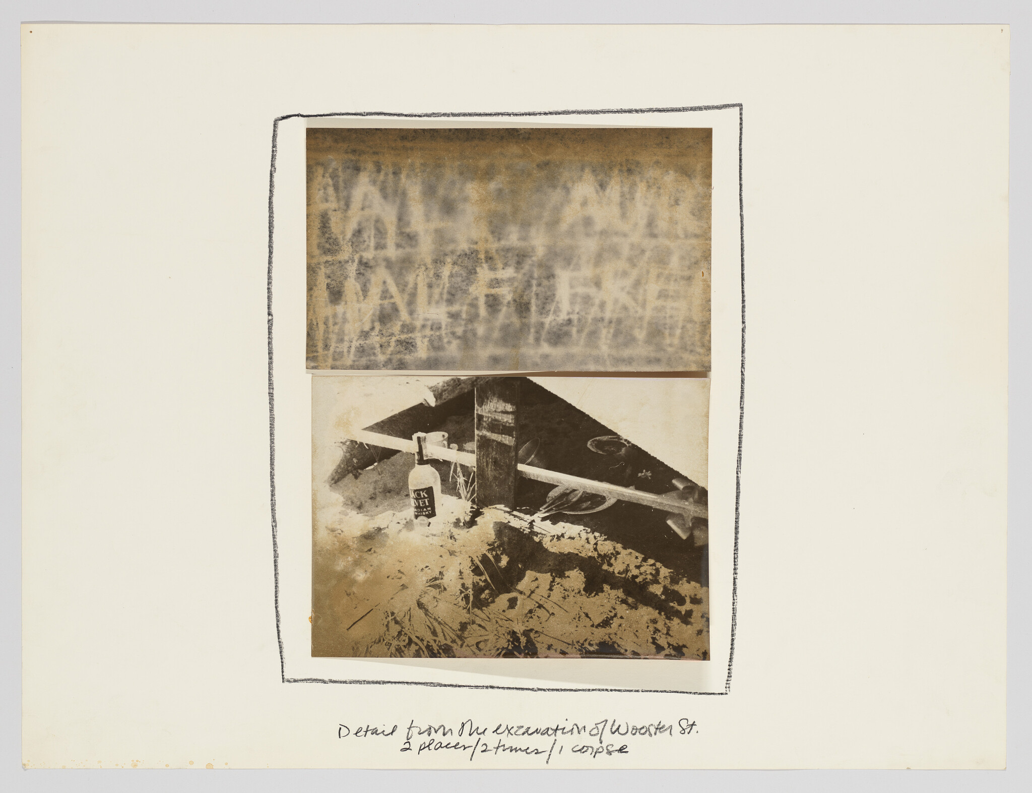 Two stacked photographs show a weathered chalkboard and an excavation site with a wooden post.