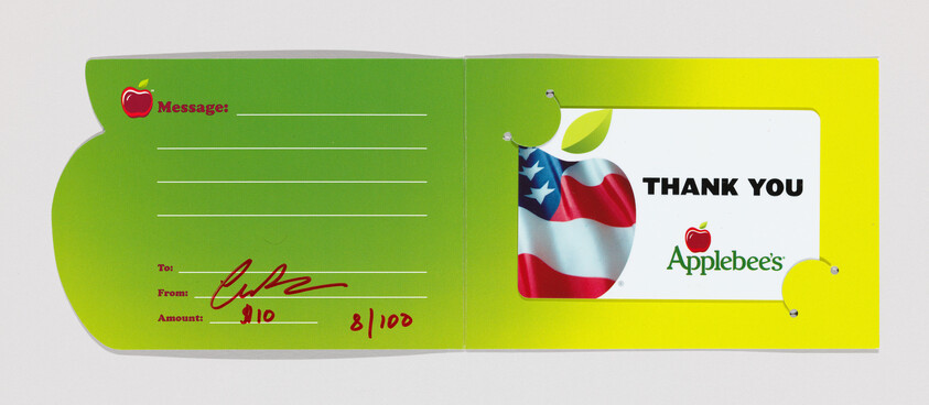 Applebee's gift card holder with a $10 card. Left side has lines for a message, "To," "From," and "Amount." Right side says "Thank You."