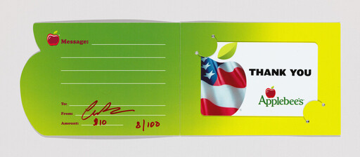 Green Applebee's gift card holder showing "Thank you" card with American flag and handwritten $10.