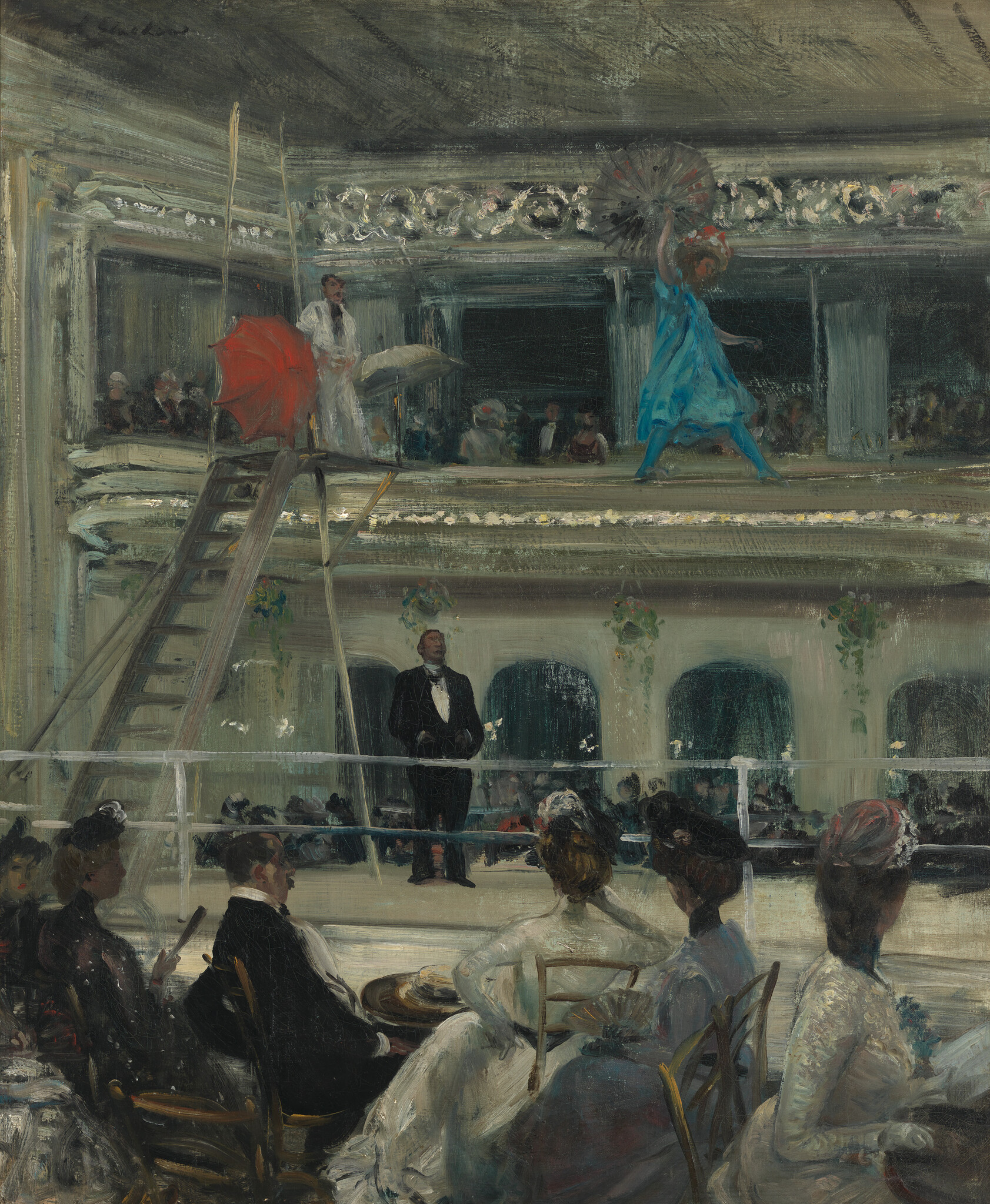 A woman in a blue dress dances on the balcony with a fan while the audience watches.