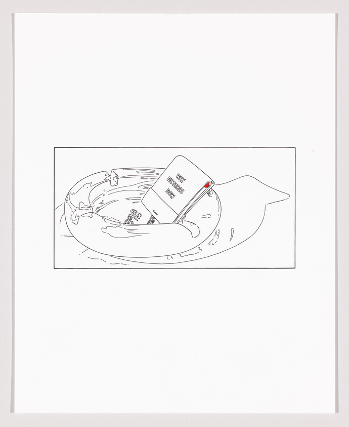 A line drawing of an ashtray filled with cigarette butts, with a matchbook lying on top that reads "HOT PICTURES NOW." The image is centered on a white background with a wide border.