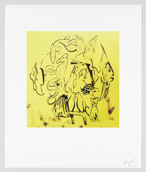 Yellow square print showing black line drawings of various animals assembled in a circle.